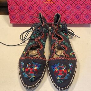 Tory Burch Navy Ankle Tie Embroidered Espadrilles